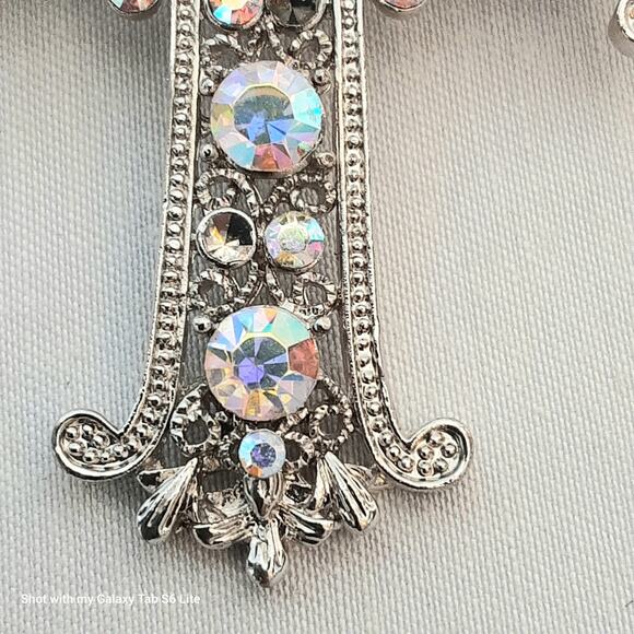 Ornate Silver Tone Cross Pendant Aurora Borealis Rhinestones - Picture 7 of 11